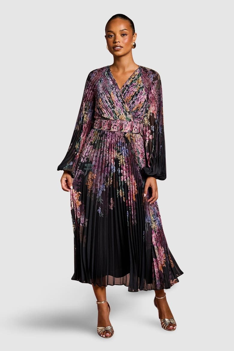 Petite Printed Pleated Wrap Dress, Main, color, Black