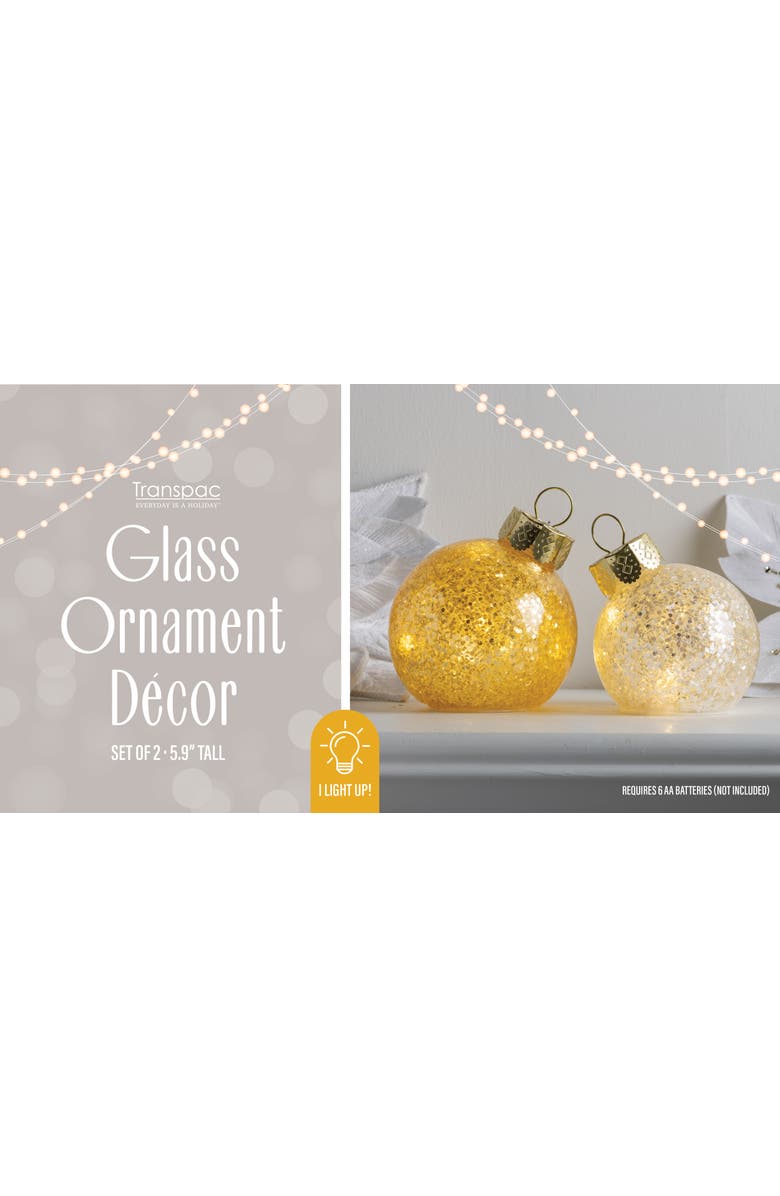 Transpac Glass Light Up Glitter Ornament Set of 2 Battery Operated Green, Alternate, color, Gold