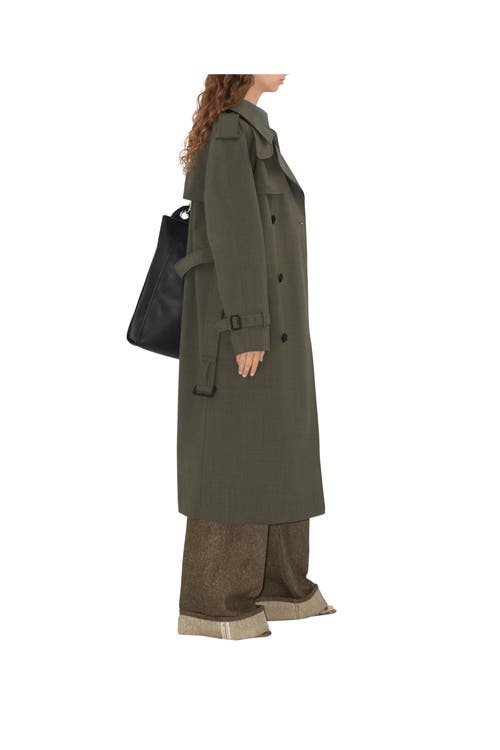 Burberry Long Stretch Wool Trench Coat In Moss Melange