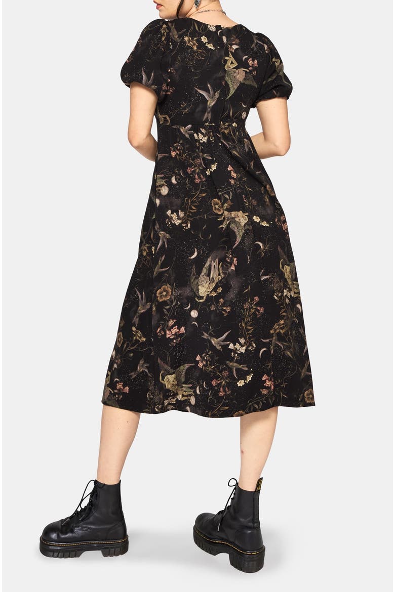 Harpyiai Print Puff Sleeve Midi Dress, Alternate, color, Black