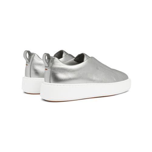 Santoni Silver Laminated Leather Slip-on Sneaker In Silver