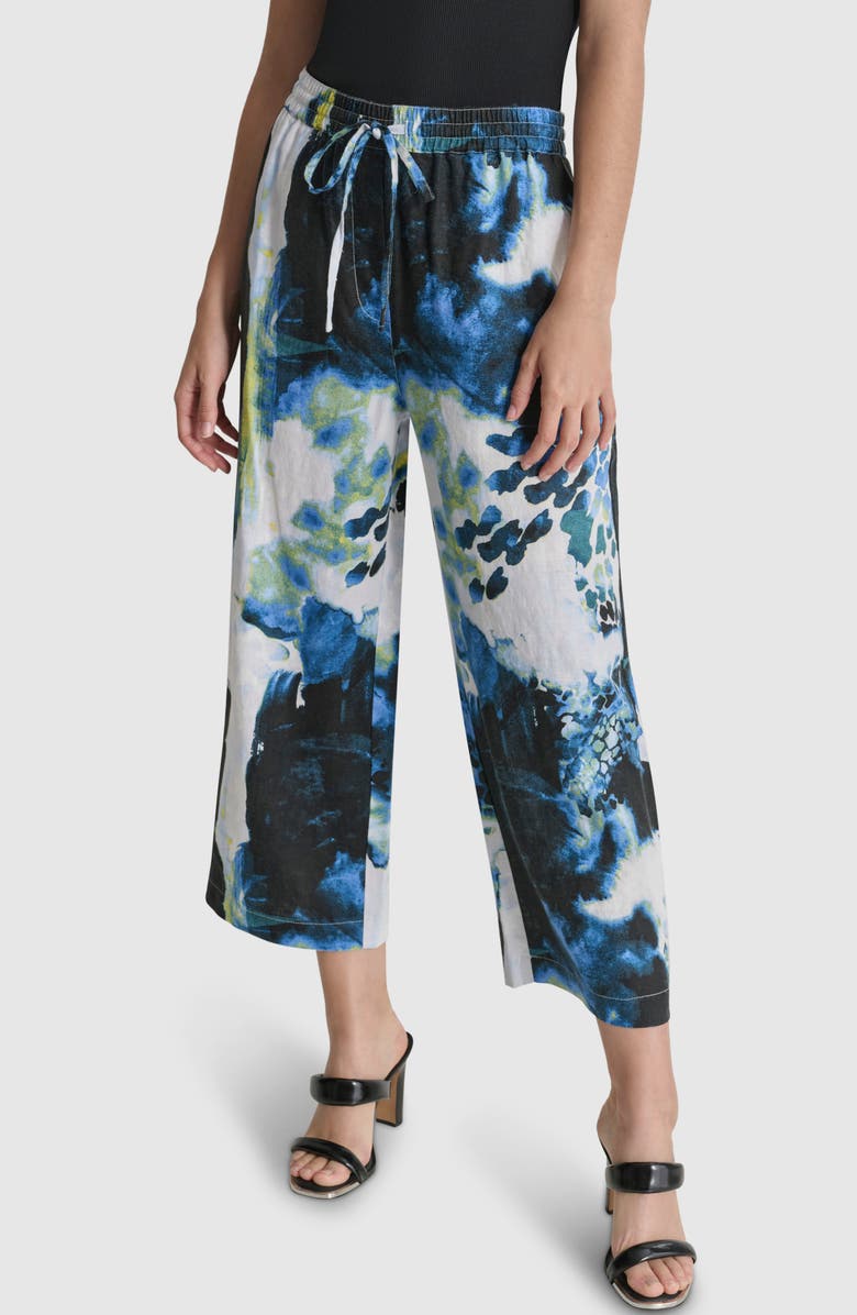 DKNY Floral Print Straight Leg Linen Ankle Pants, Main, color,