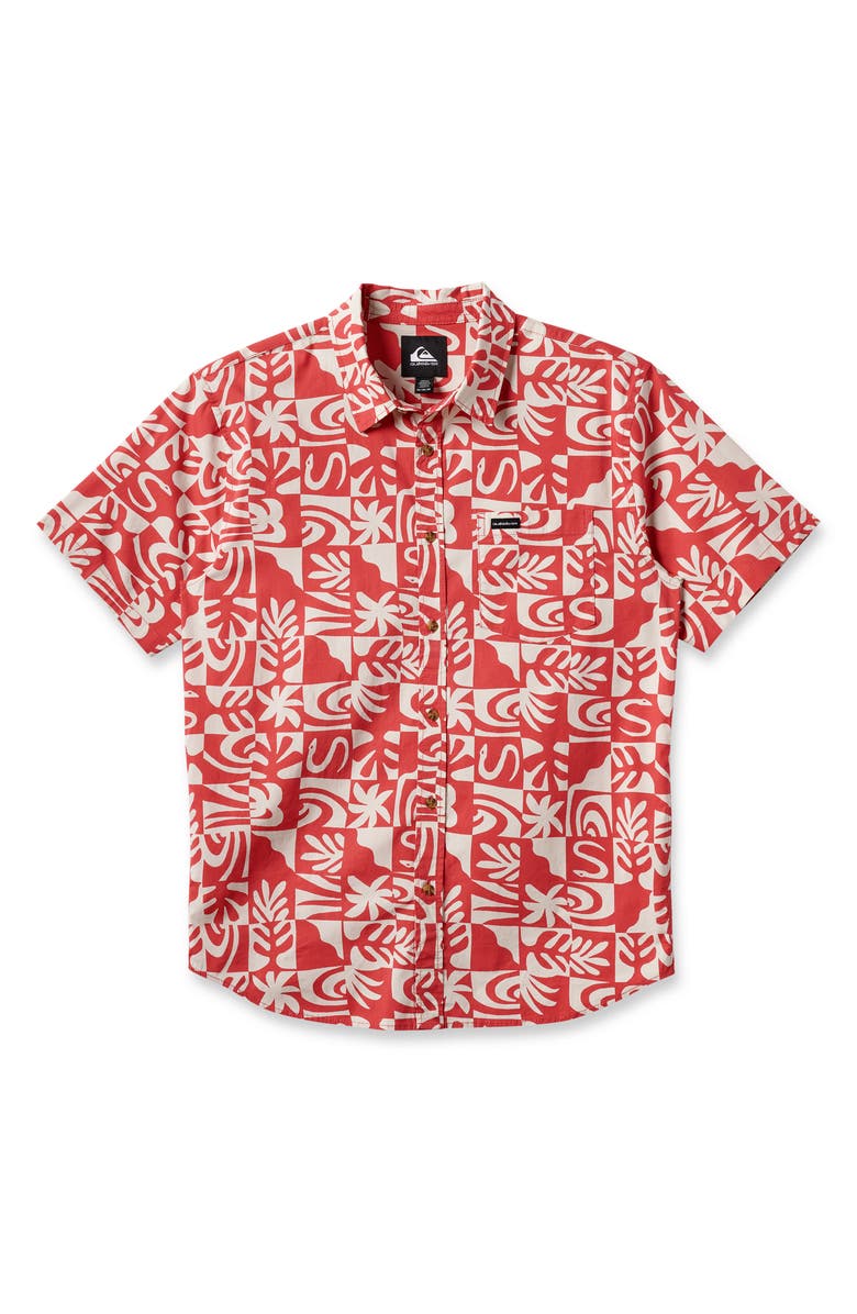 Quiksilver Terra Classic Abstract Print Short Sleeve Stretch Cotton Button-Up Shirt, Alternate, color, Mineral Red