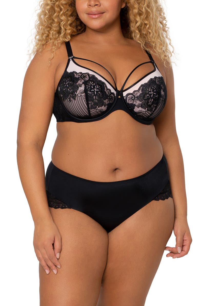 Curvy Couture Tulip Strappy Lace Push-Up Bra, Alternate, color, Black W/ Adobe Rose