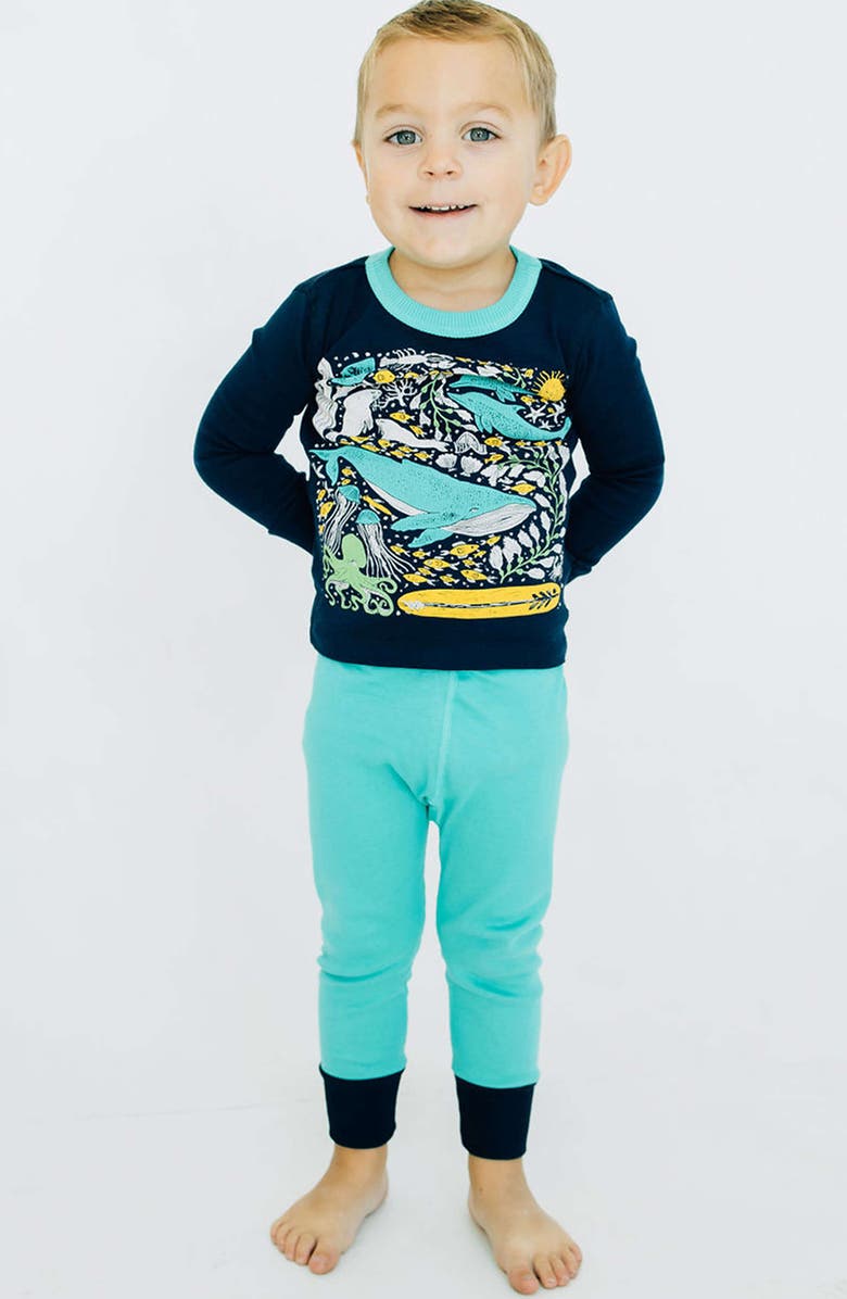 Mightly 100% Organic Cotton Print Long Sleeve Snug Fit Kids Pajamas, Alternate, color, Under The Sea