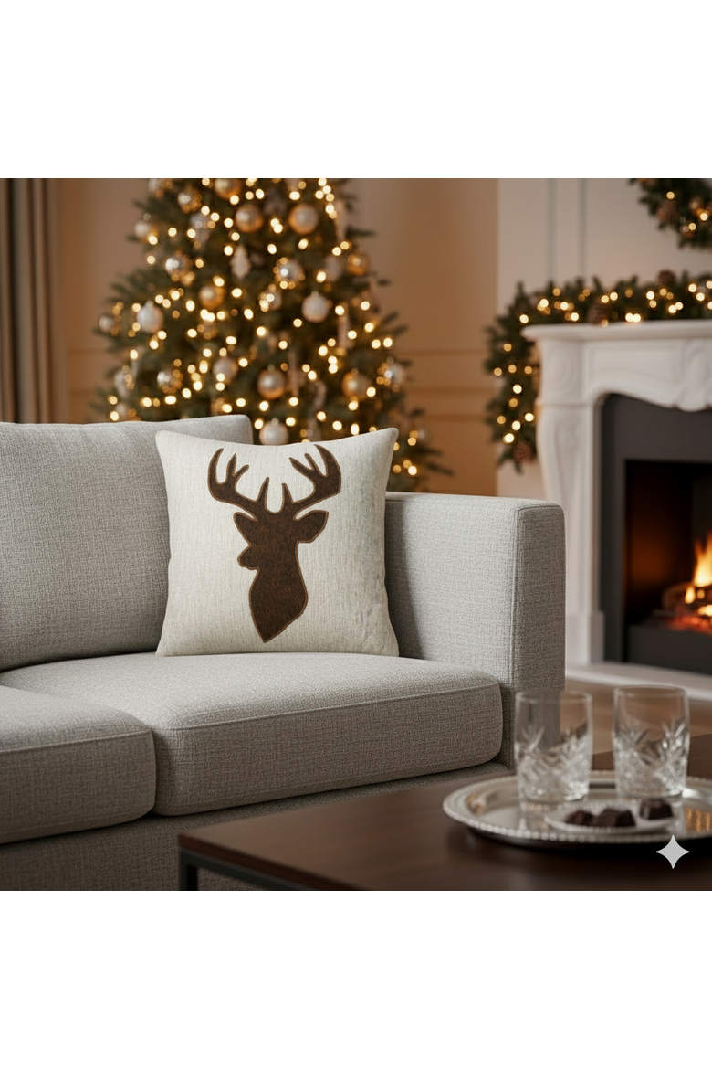 Woodland Stag Applique Chenille Indoor & Outdoor Woven Accent Pillow, Alternate, color, Ivory