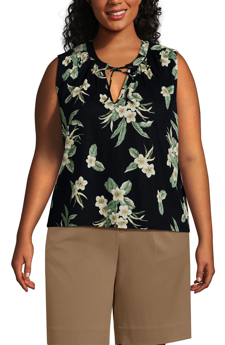 Lands' End Plus Size Linen Blend Notch Neck Swing Tank Top, Main, color, Black Plumeria