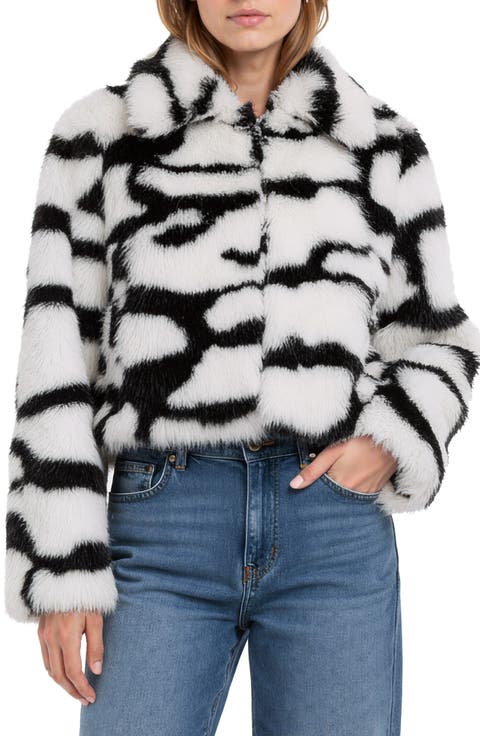 Abstract Print Faux Fur Jacket