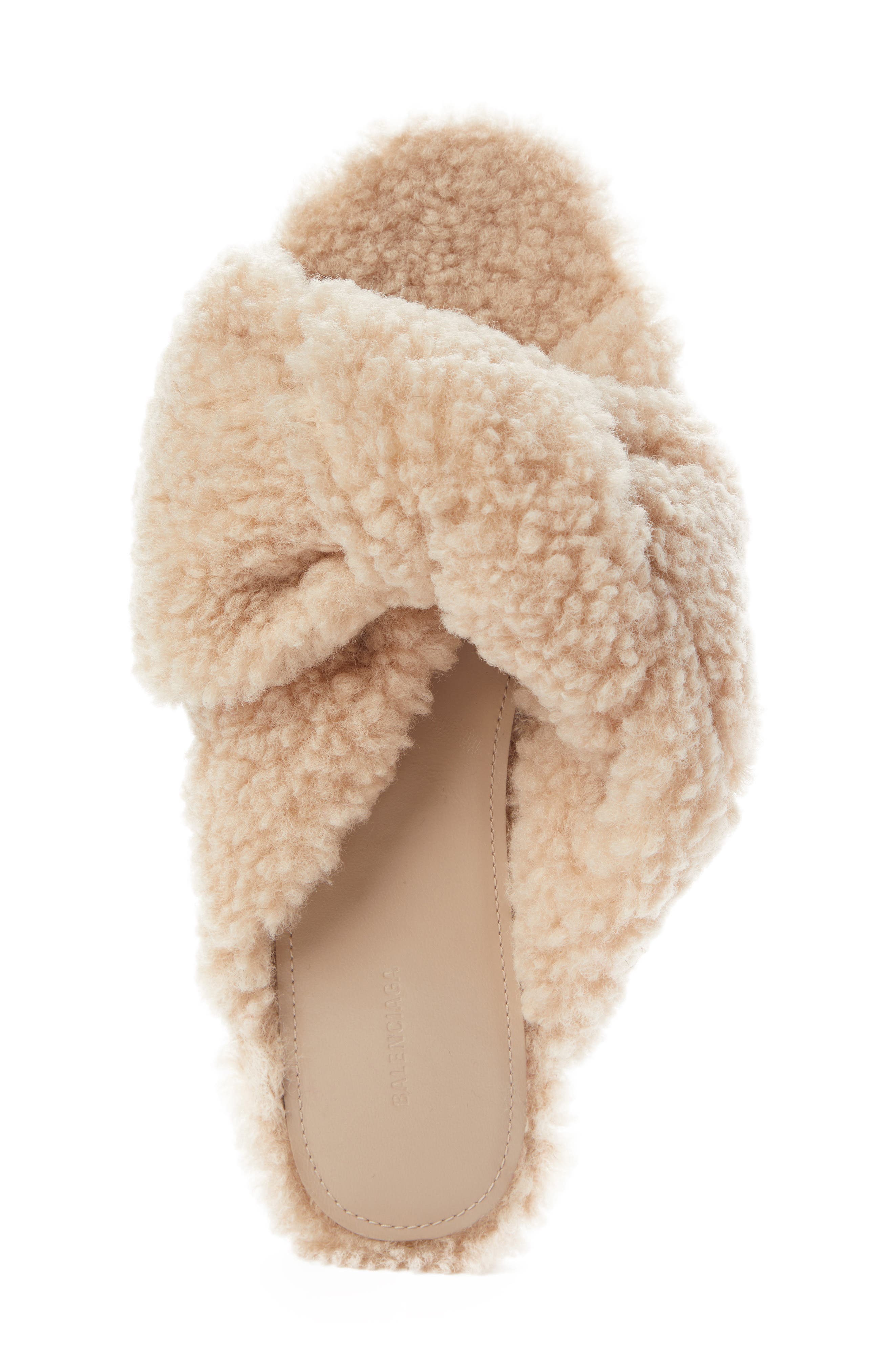 Balenciaga Drapy Faux Shearling Slide Sandal, Alternate, color, 
