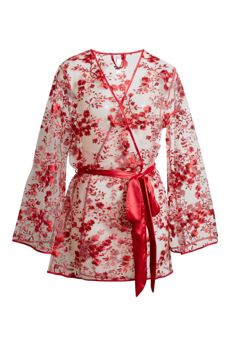 Floral Embroidered Sheer Mesh Robe, Alternate, color, RED