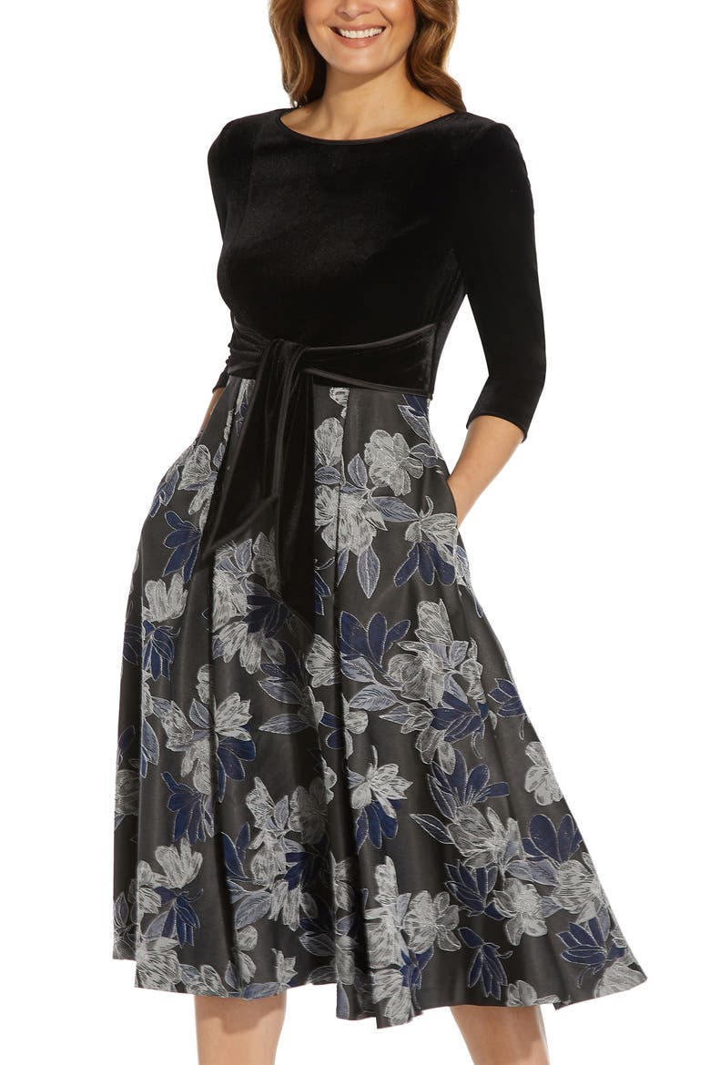 Velvet & Metallic Jacquard Cocktail Dress, Alternate, color, NAVY/ BLACK
