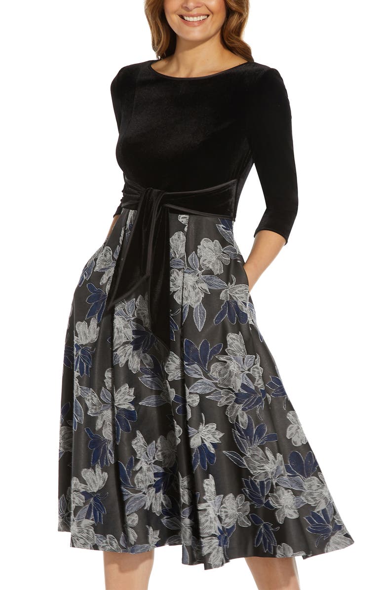 Adrianna Papell Velvet & Metallic Jacquard Cocktail Dress, Alternate, color,