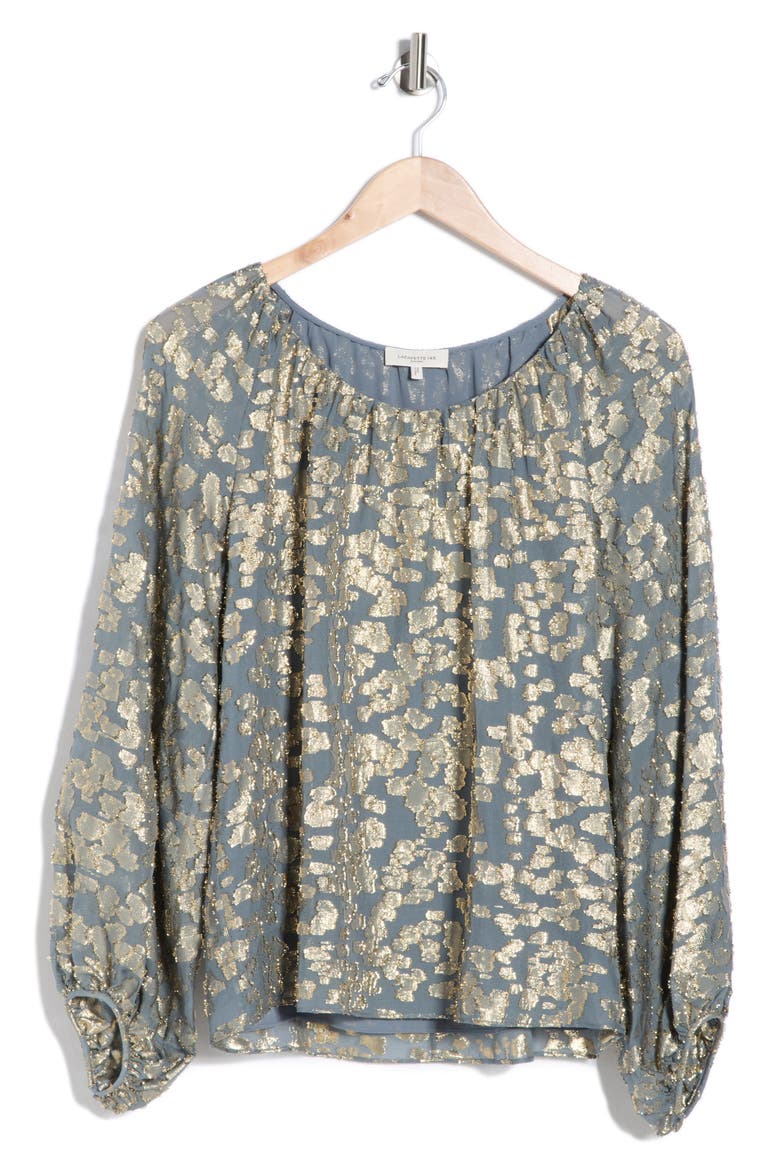 Metallic Balloon Sleeve Silk Blend Jacquard Top, Alternate, color, SLATE BLUE MULTI