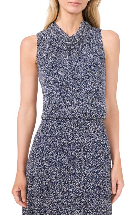 Ditsy Cowl Neck Sleeveless Mesh Top