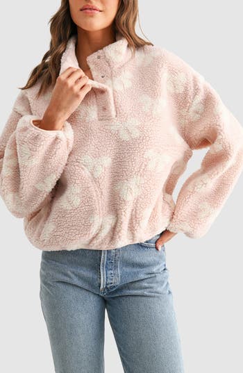 Lush Bow High Pile Fleece Pullover In Pink