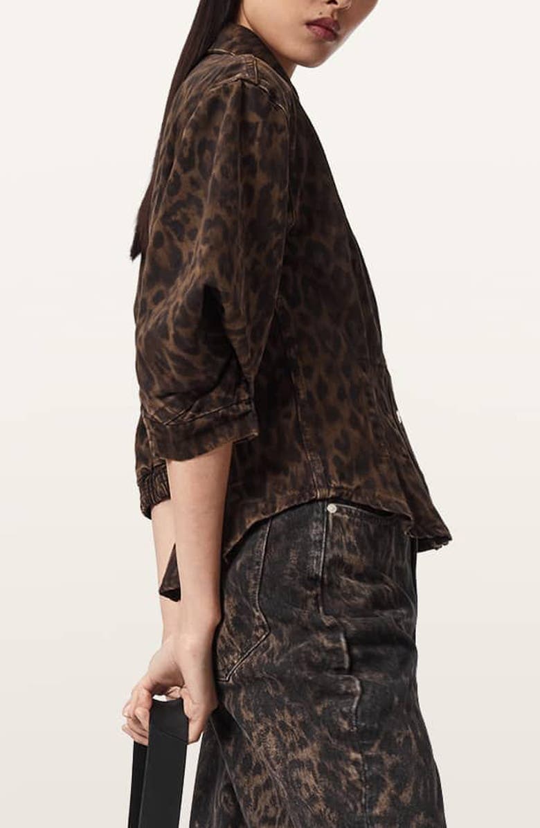 AllSaints Nancy Bishop Sleeve Denim Top, Alternate, color, Leopard Brown