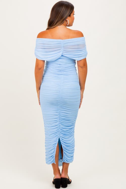 Pinkblush Ruched Mesh Foldover Off Shoulder Maxi Dress In Blue