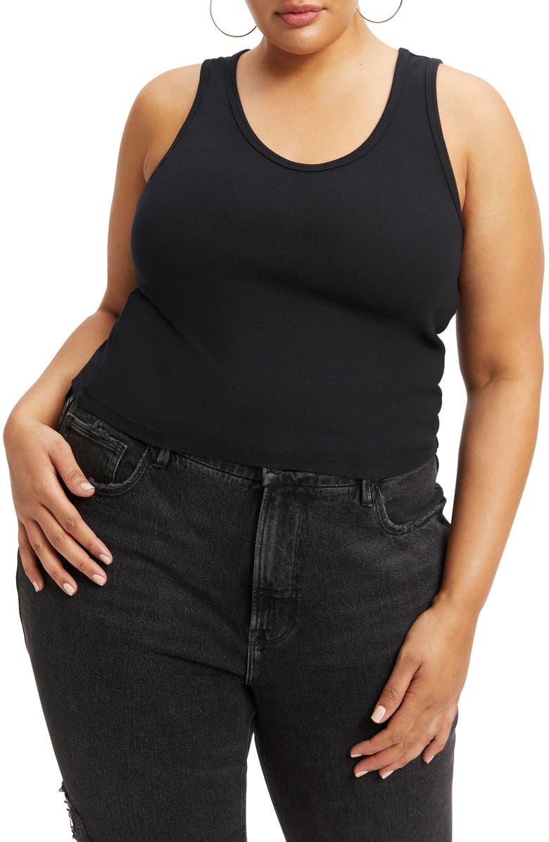 Good American Fitted Rib Scoop Neck Tank, Alternate, color, Black001