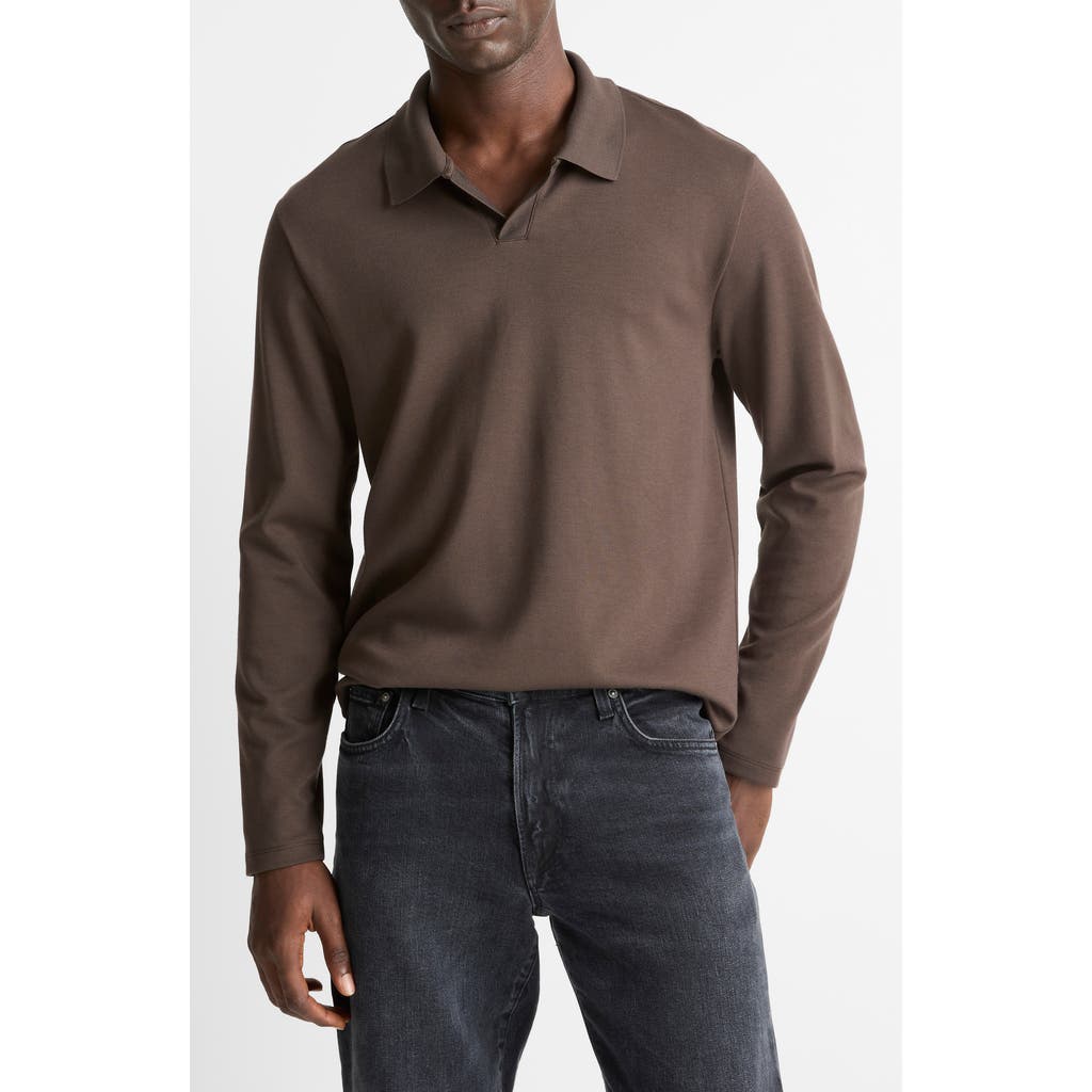Vince Milano Stitch Johnny Collar Long Sleeve Polo In Brown