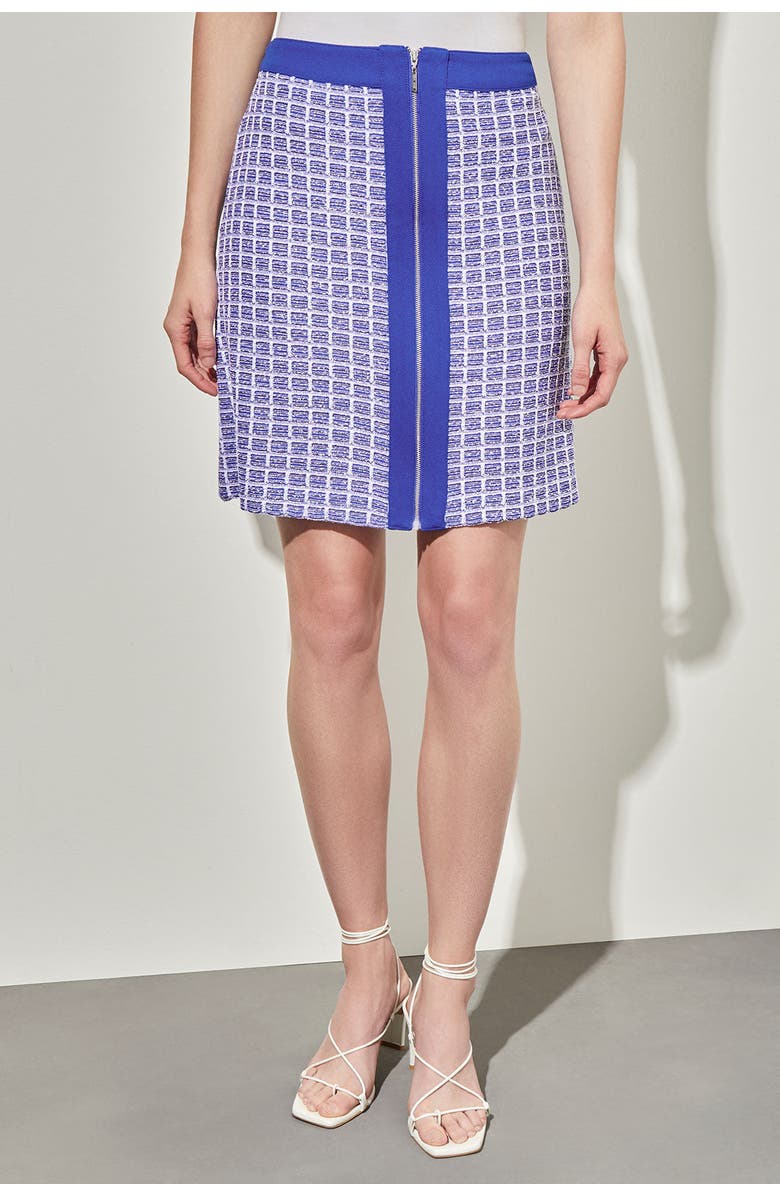 Ming Wang A-Line Zip Front Tweed Skirt, Main, color, Sapphire Sea/White/Black