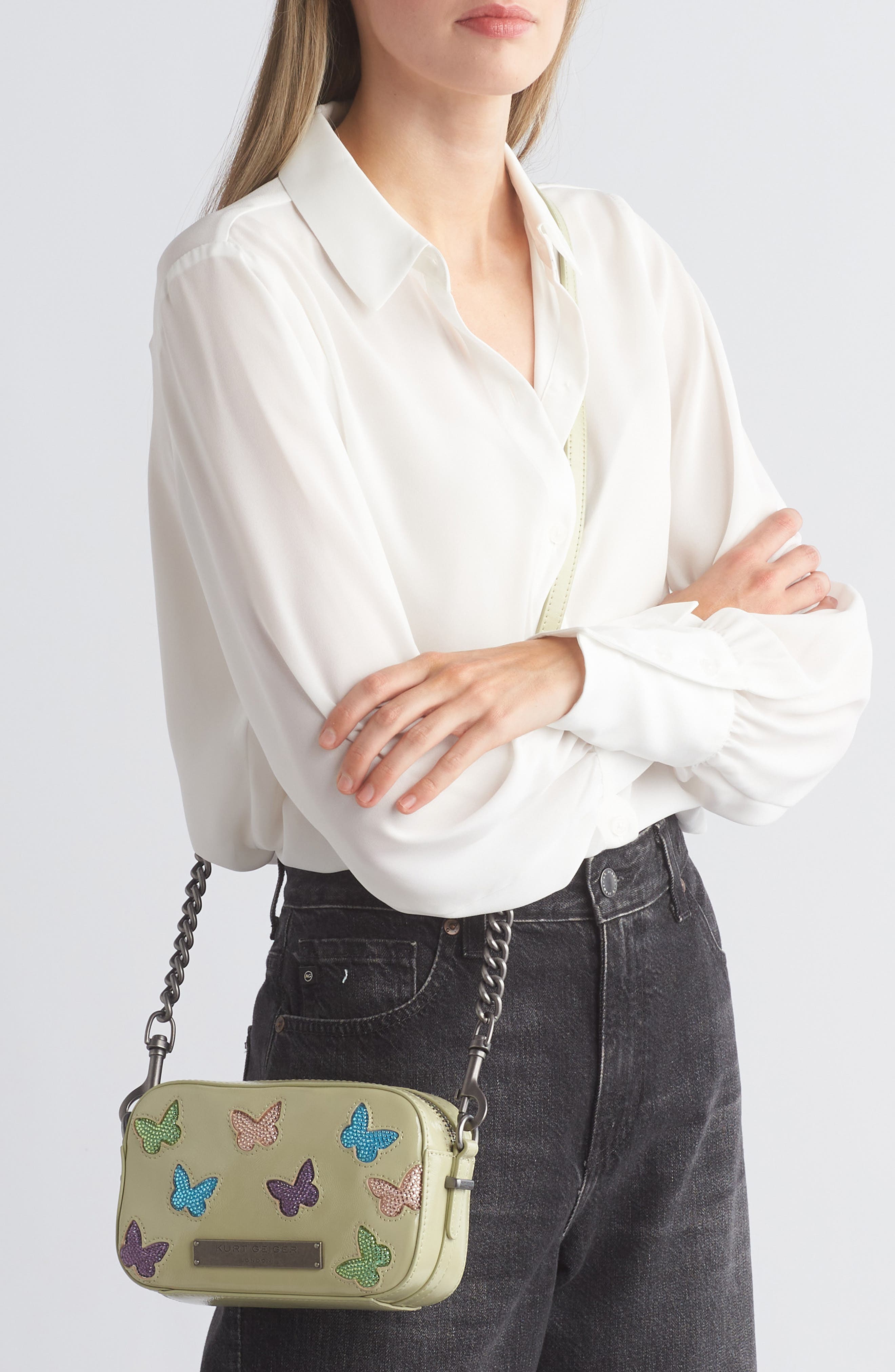 Kurt Geiger London Crystal Butterfly Leather Crossbody Bag, Alternate, color, 