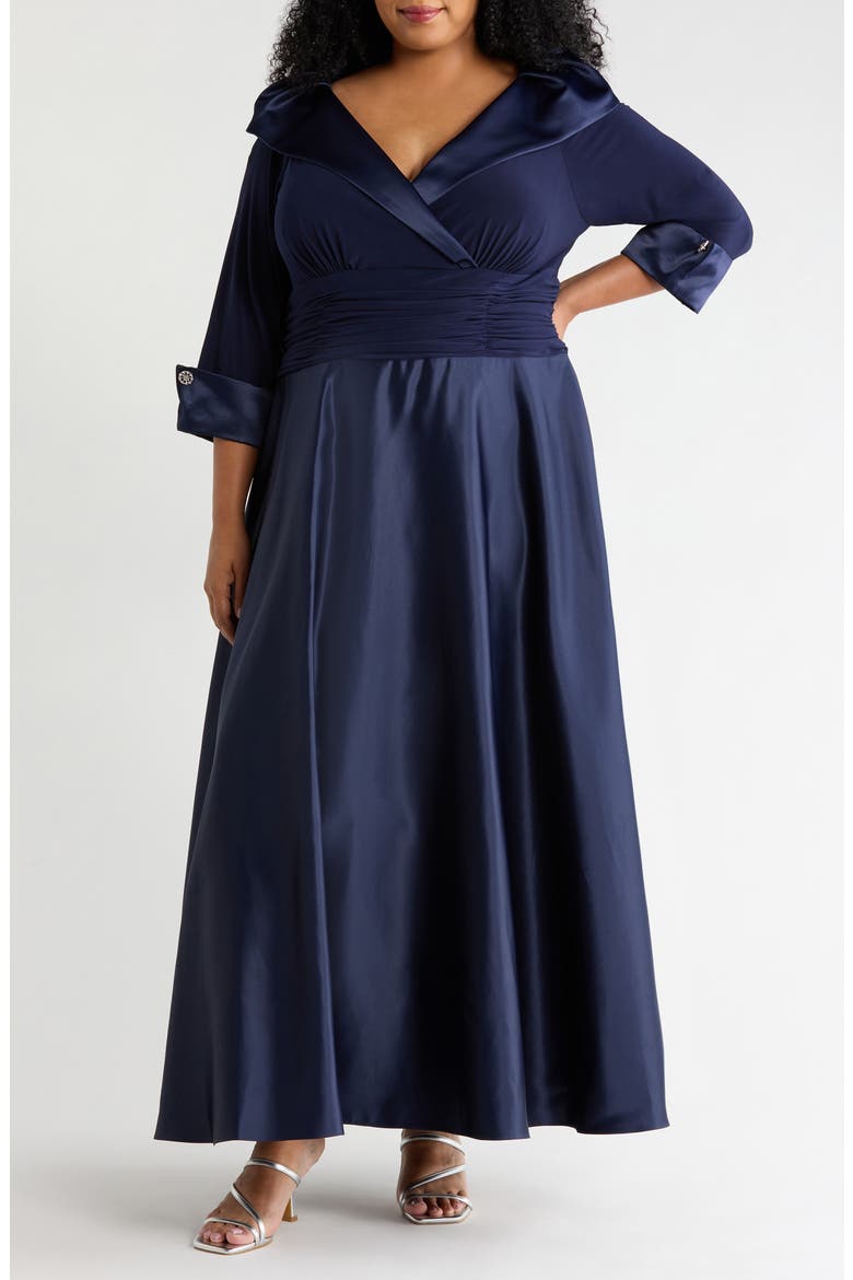 Rhinestone Button Cuff Sleeve Mixed Media Gown, Main, color, NAVY