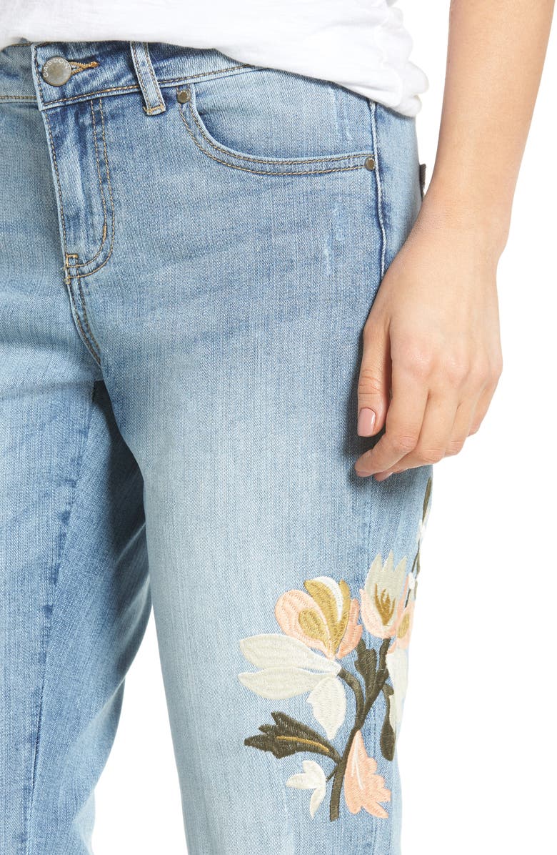 Caslon<sup>®</sup> Ripped & Floral Embroidered Straight Leg Jeans, Alternate, color, 
