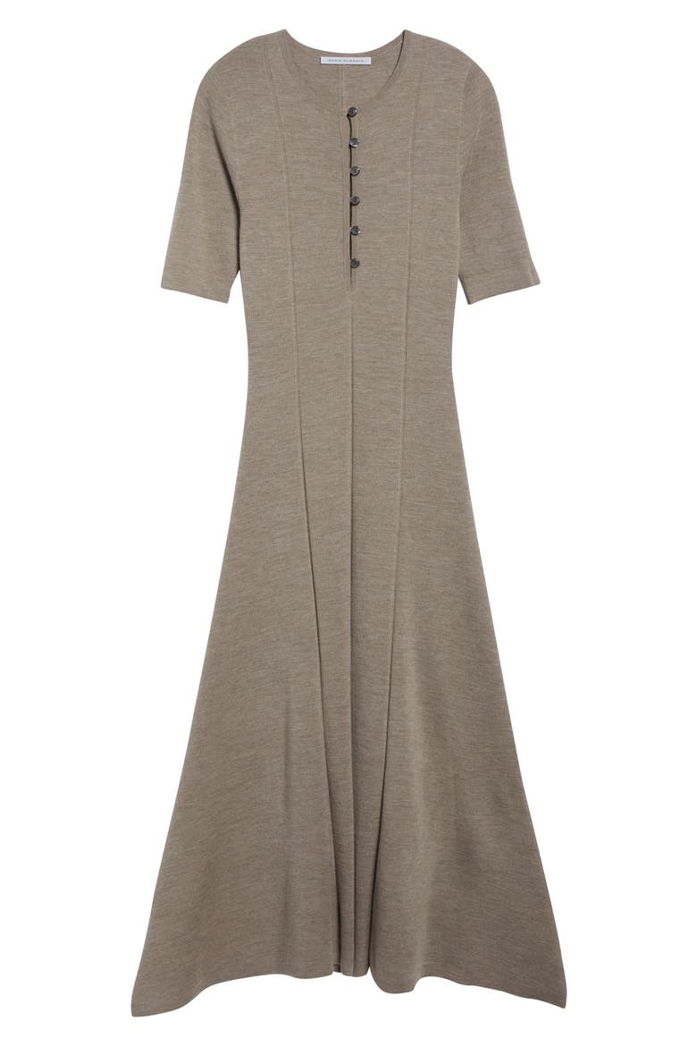 Shell Button Merino Wool Godet Dress, Alternate, color, HEATHER PEBBLE