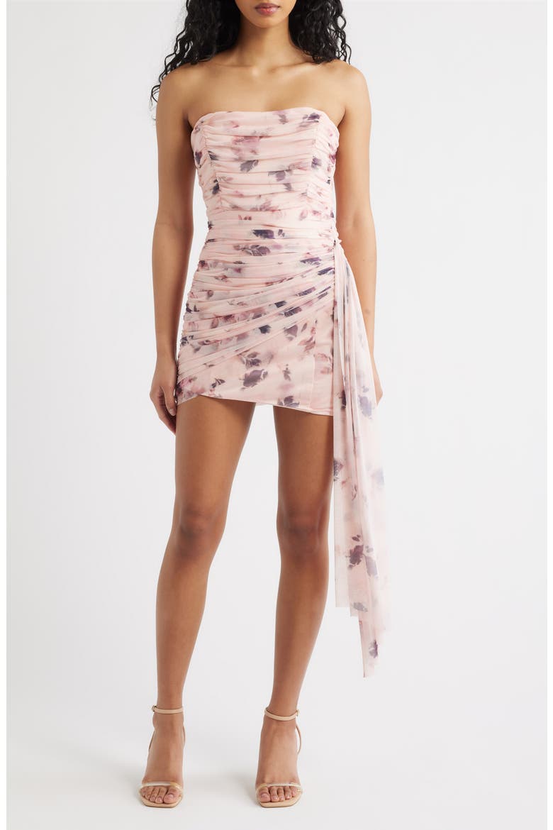 Kayla Floral Ruched Mesh Mini Cocktail Dress, Main, color, PINK FLORAL