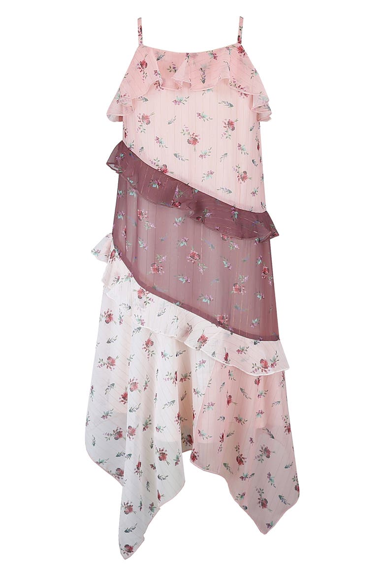 Kids' Ruffle Floral Handkerchief Hem Dress, Alternate, color, BLUSH MULTI