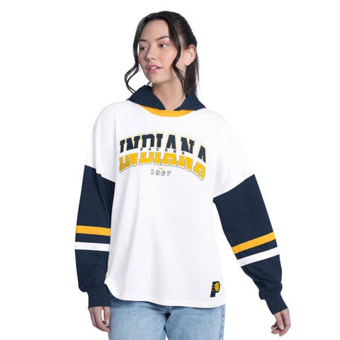 Women's G-III 4Her by Carl Banks  White/Navy Indiana Pacers Key Player Oversized Hooded Long Sleeve T-Shirt