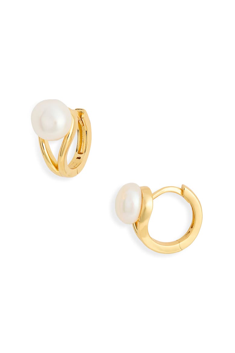 Demi-Fine Faux Pearl Huggie Hoop Earrings, Main, color, WHITE- GOLD