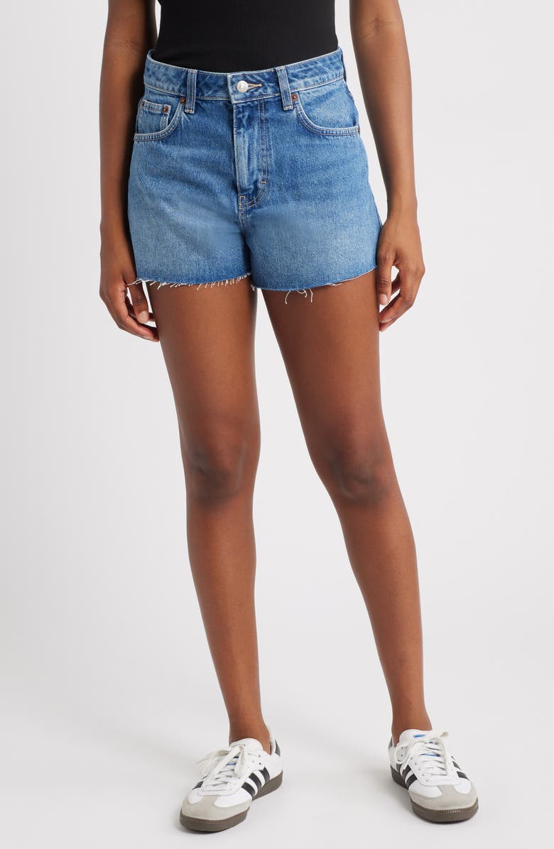 Topshop Raw Hem A-Line Denim Shorts, Main, color, Mid Blue