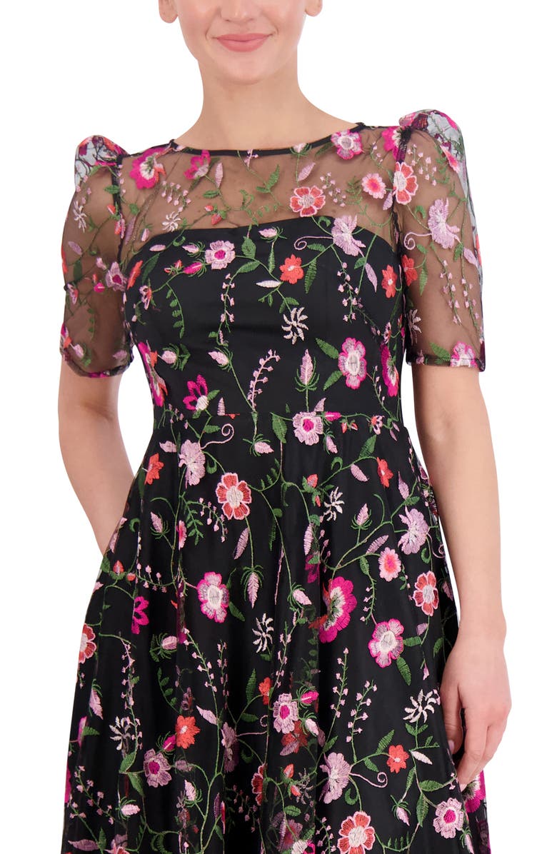 Eliza J Embroidered Illusion Neck Cocktail Midi Dress, Alternate, color, Black Magenta