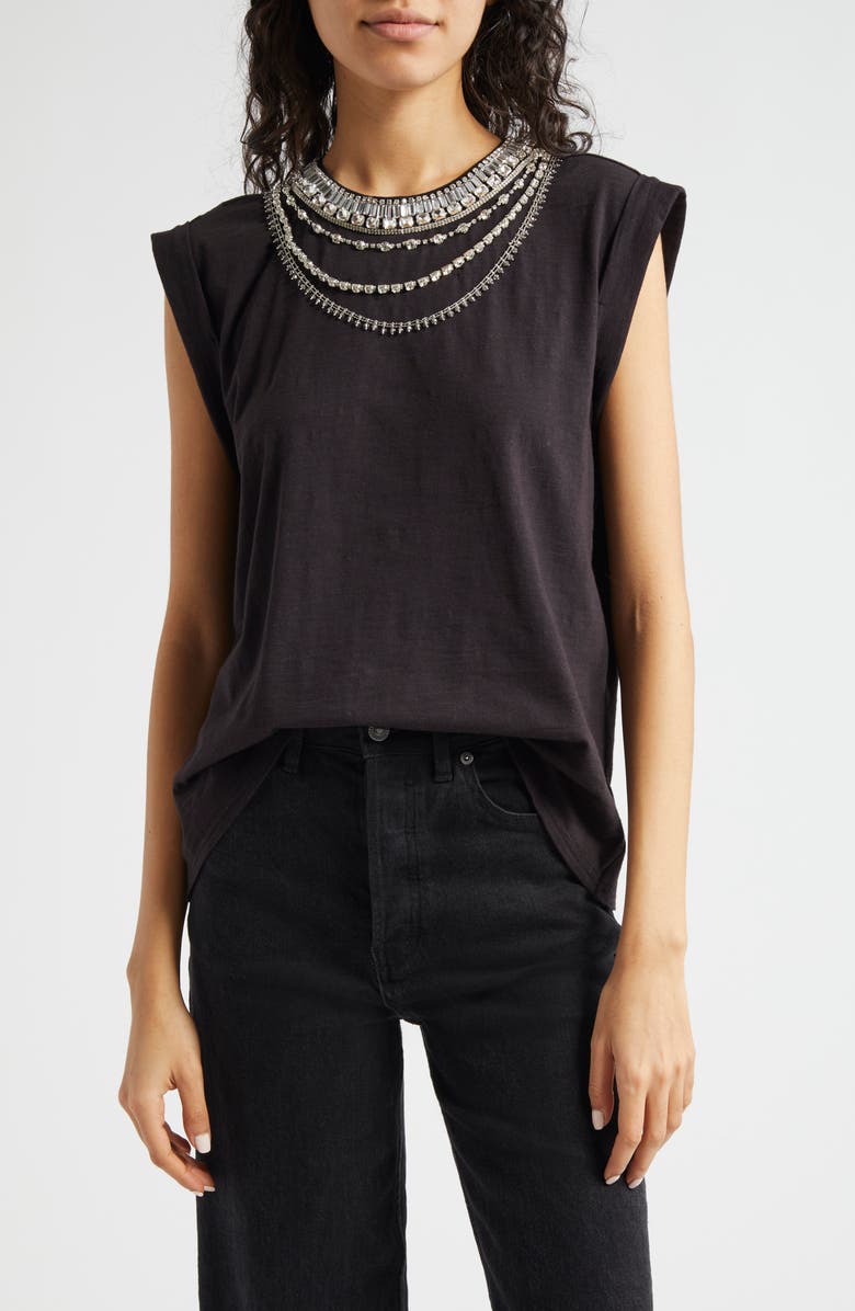 Cinq à Sept Bella Rhinestone Detail Cotton Top, Main, color, Black