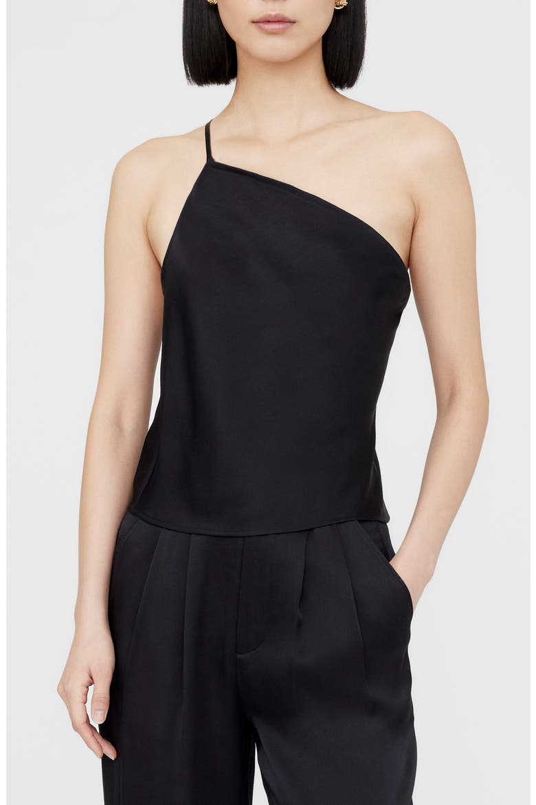 Mandy One-Shoulder Silk Top, Main, color, BLACK