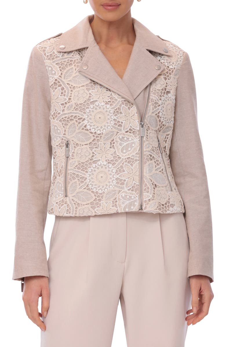 Bagatelle Mixed Media Moto Jacket, Alternate, color, Natural Crochet