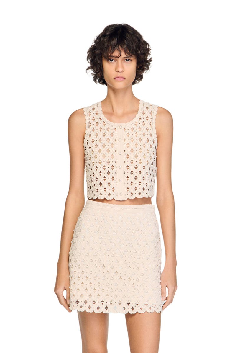 SANDRO Beaded crochet cropped cardigan, Main, color, Ecru