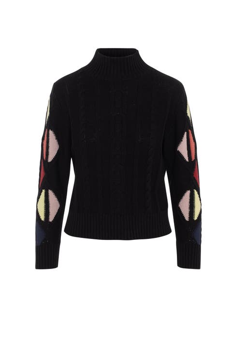 Color Blocked Cable Knit Mock Neck Sweater