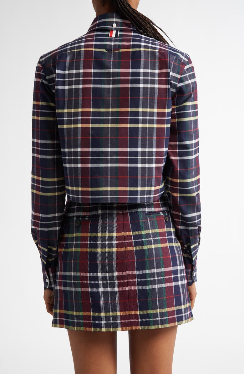 Thom Browne Plaid Crop Cotton Flannel Button-Up Shirt, Alternate, color, 