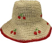 MARCUS ADLER Cherry Embroidered Straw Bucket Hat