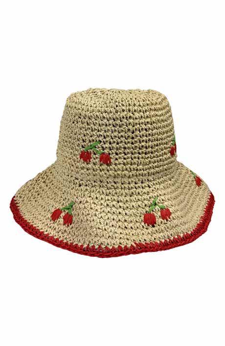 MARCUS ADLER Cherry Embroidered Straw Bucket Hat