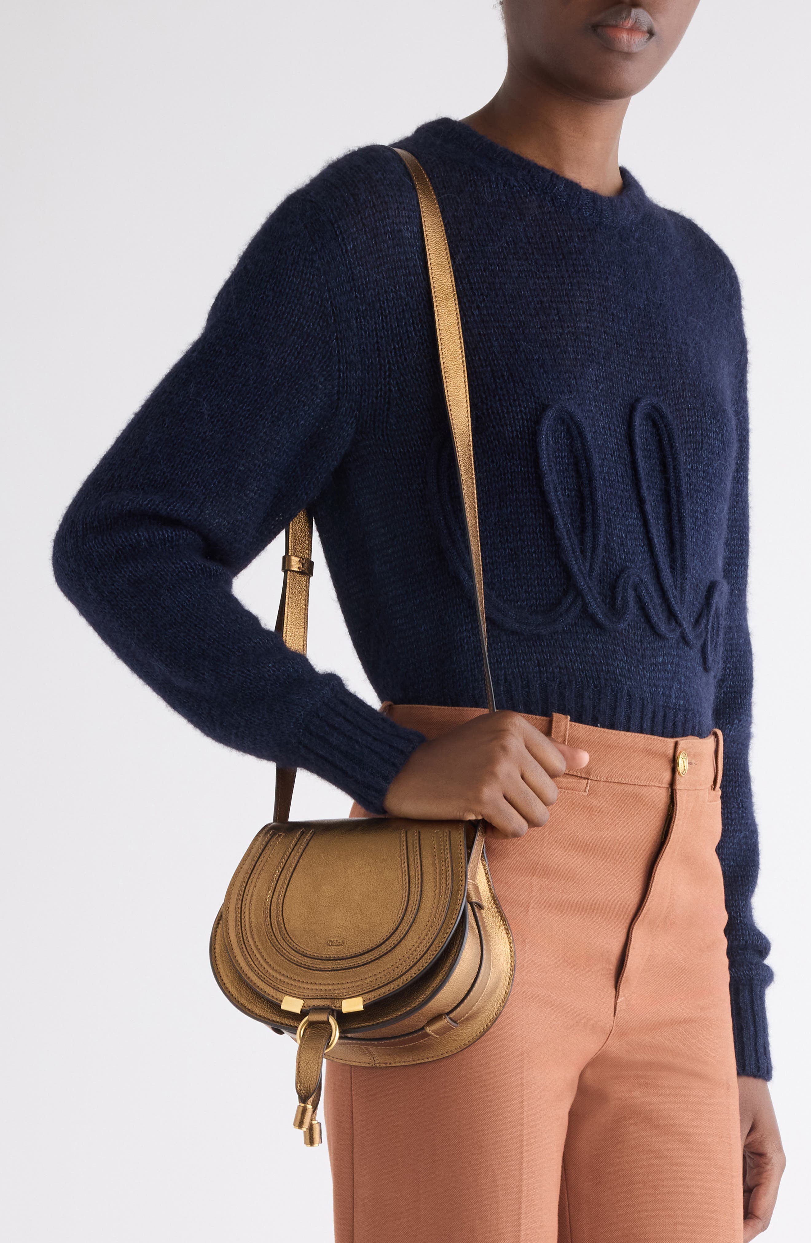 Chloé Small Marcie Metallic Leather Crossbody Bag, Alternate, color, Golden Brown