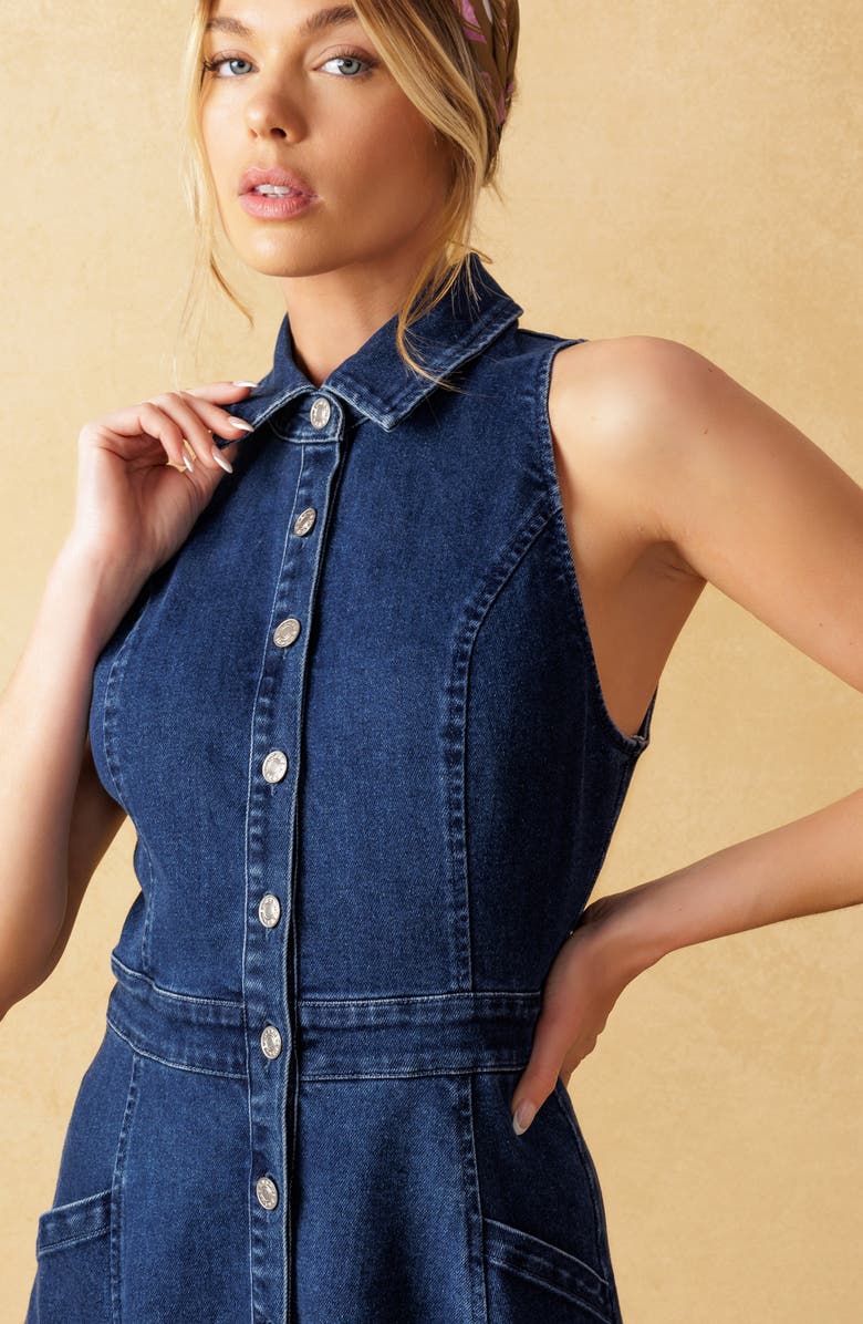 FLYING TOMATO Sleeveless Denim Maxi Shirtdress, Alternate, color, Medium Indigo