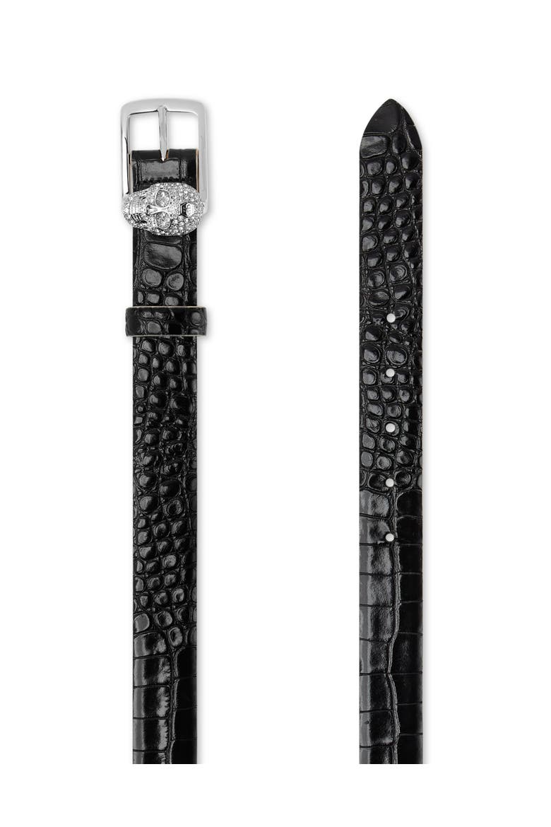 Leather Belt Crocco Print Shiny Skull Women, Main, color, black