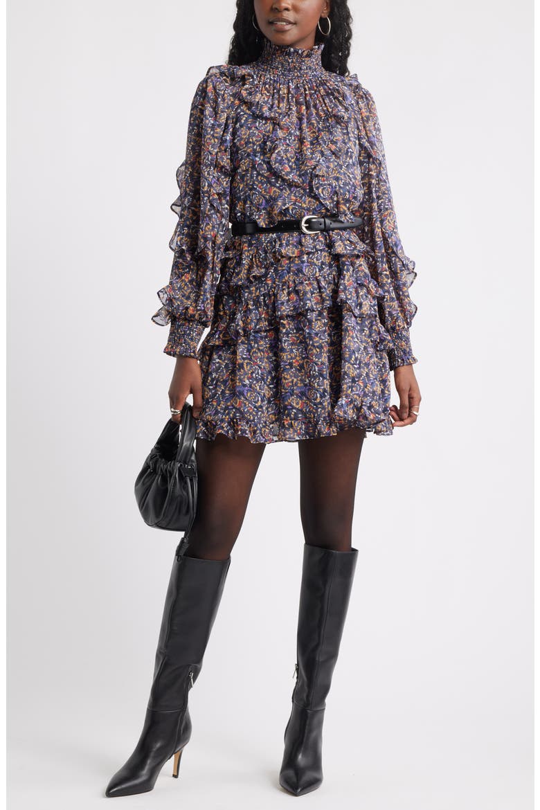 Metallic Mock Neck Long Sleeve Chiffon Minidress, Alternate, color, NAVY BUTTERFLY ABSTRACT