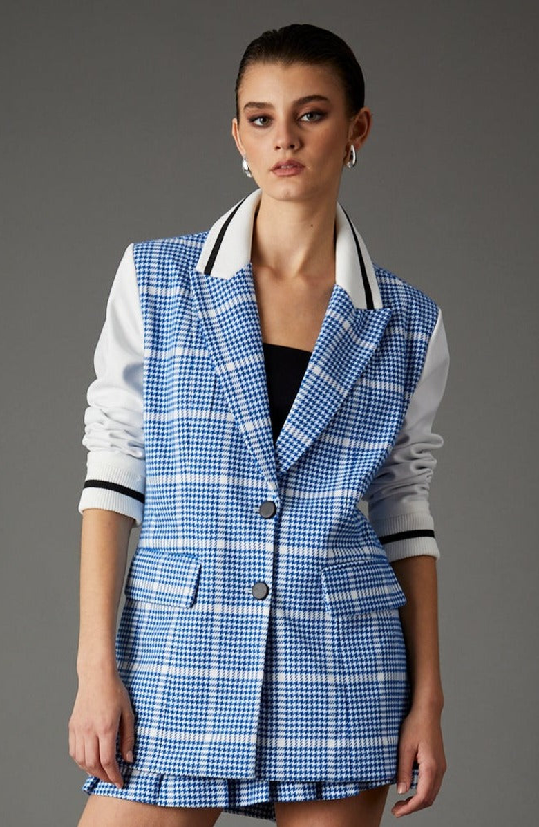 BLUE REVIVAL Varsity Blazer Santorini Blue Houndstooth, Main, color,