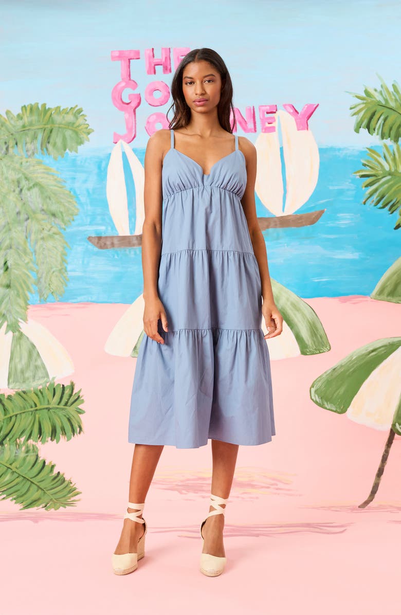 The Good Journey V-Neck Tiered Cotton Midi Dress, Alternate, color, Coronet Blue