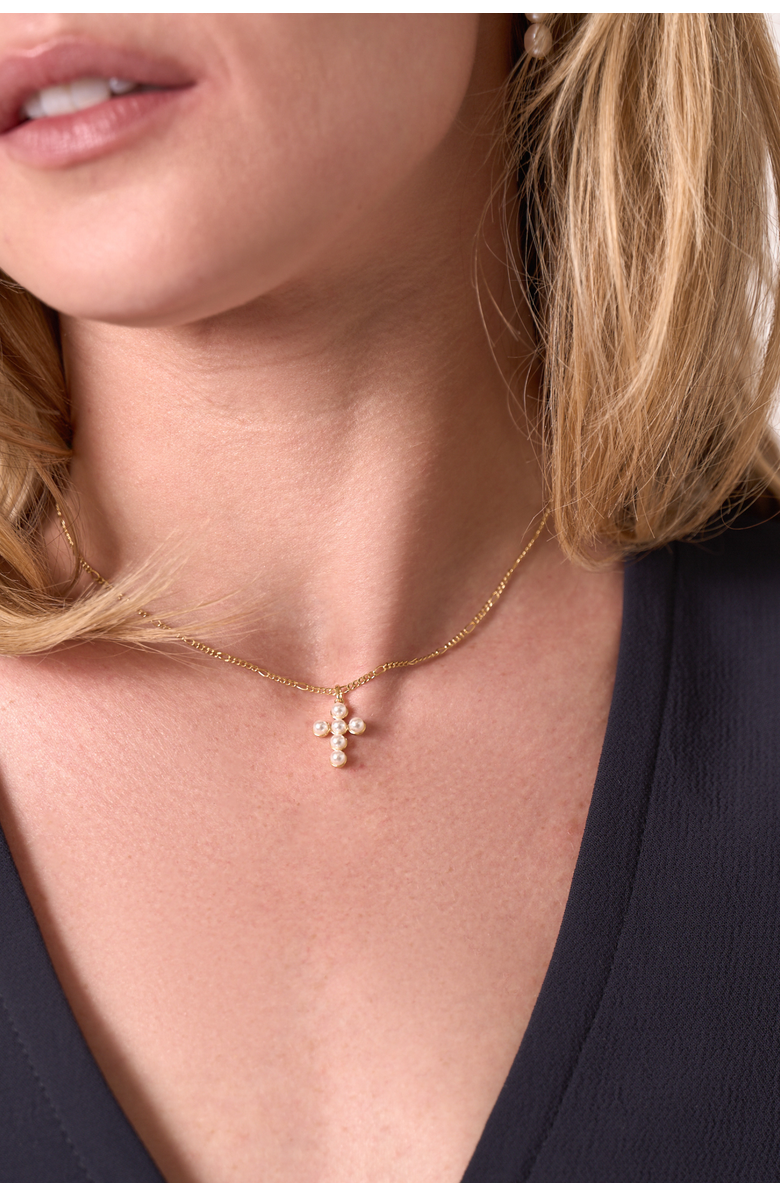 Electric Picks Pearl Cross Necklace, Alternate, color, Gold