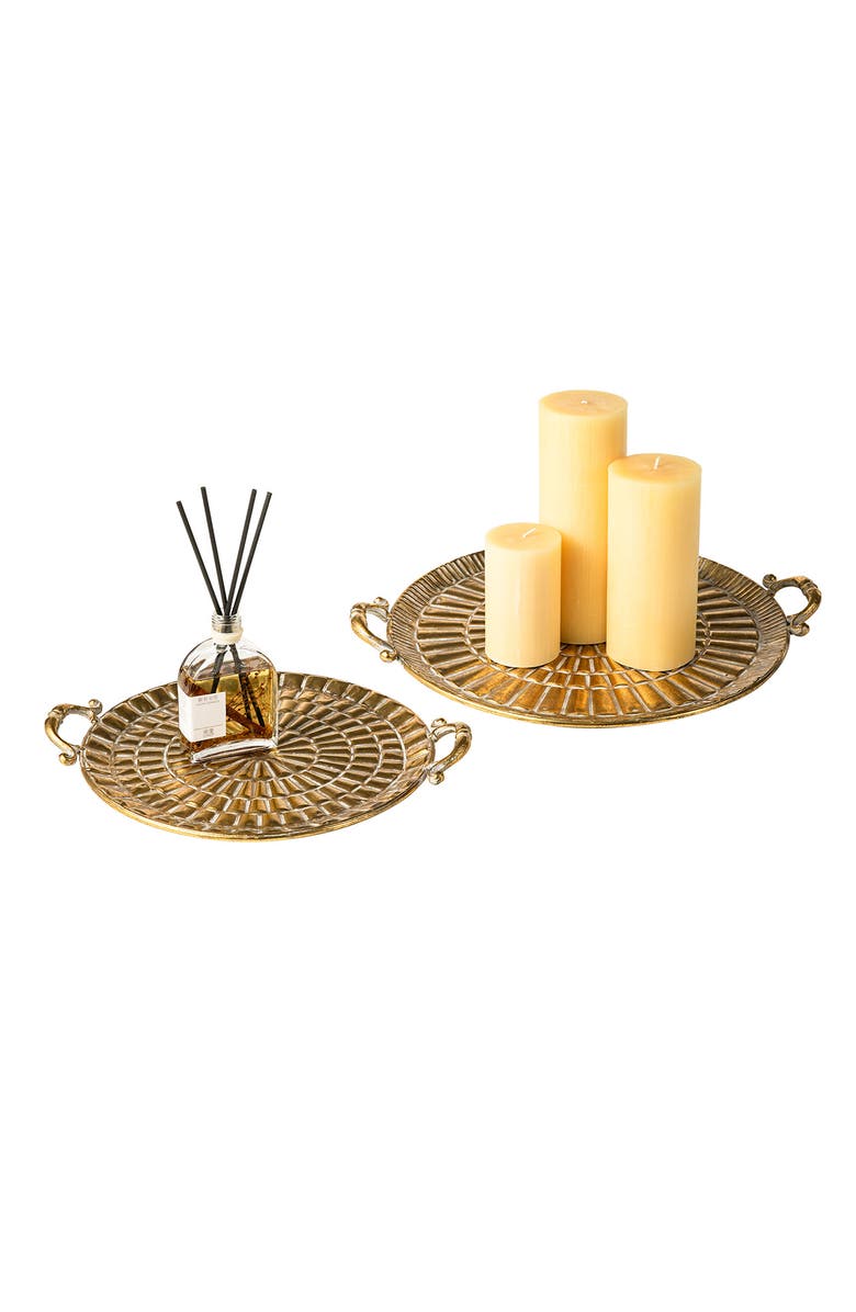 Glitzhome Set of 2 Round Metal Gold Embossed Decorative Tray with Handles, Alternate, color, Gold